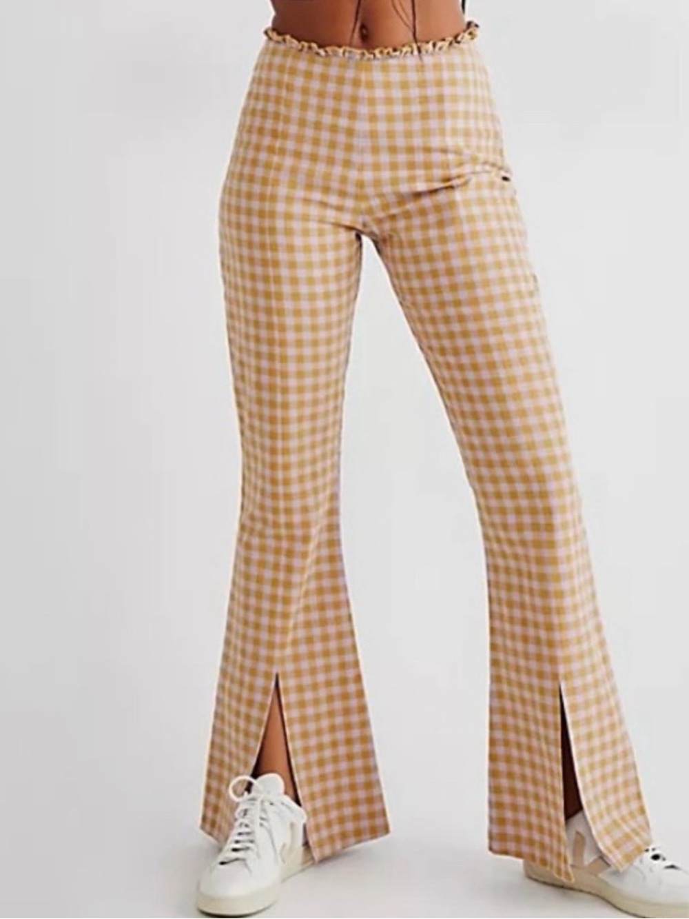 Free People Milk It Rodeo Gingham Pants Slit Flares Ruffle Lilac Gold Sz 10